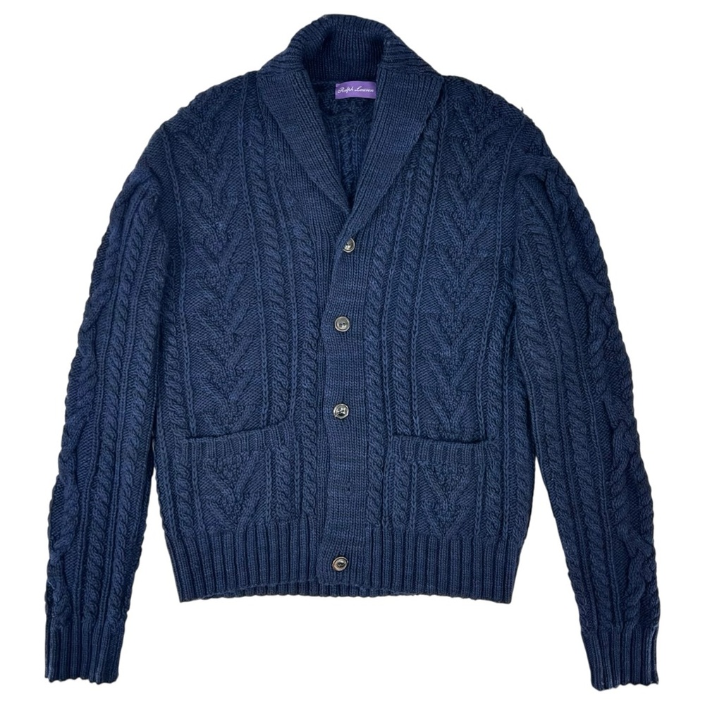 Ralph Lauren Purple Label Navy Blue Cable Knit Wool Cardigan sz M